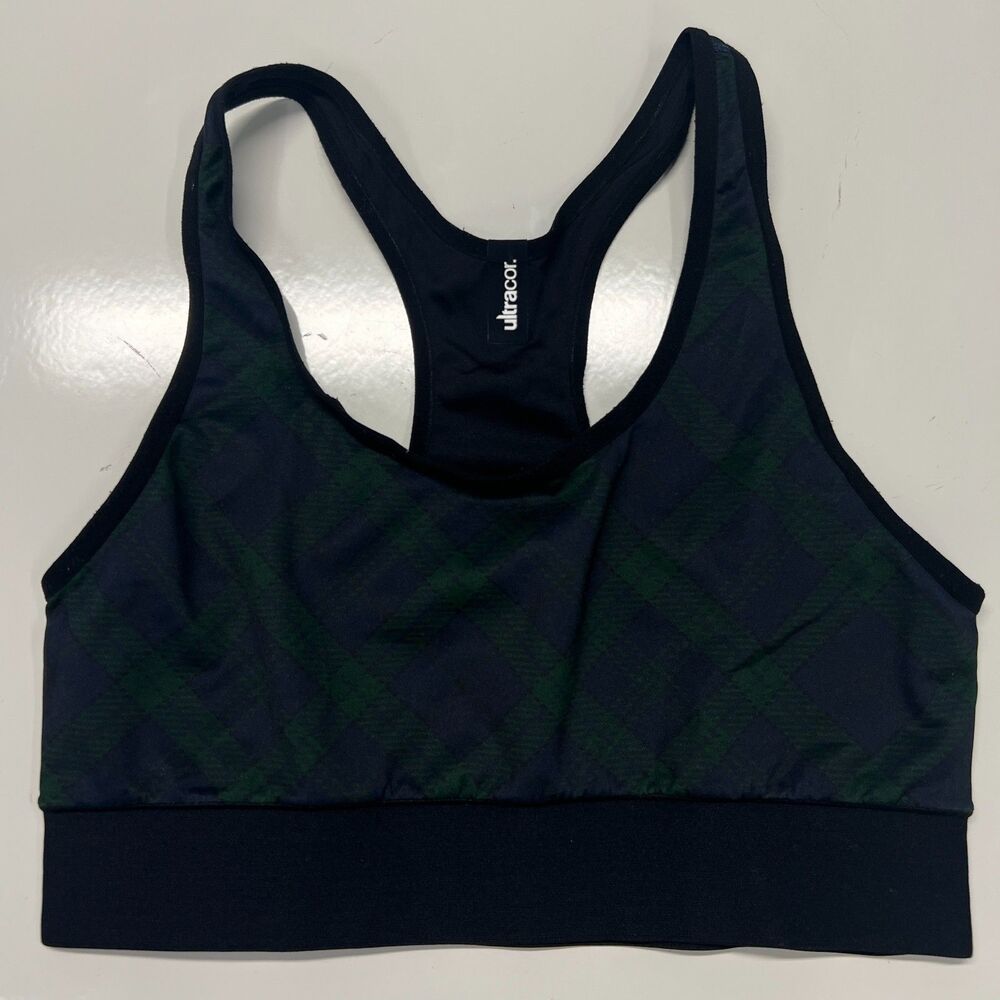Ultracor Sports Bra Womens Small Black Green Plaid Racerback Made USA